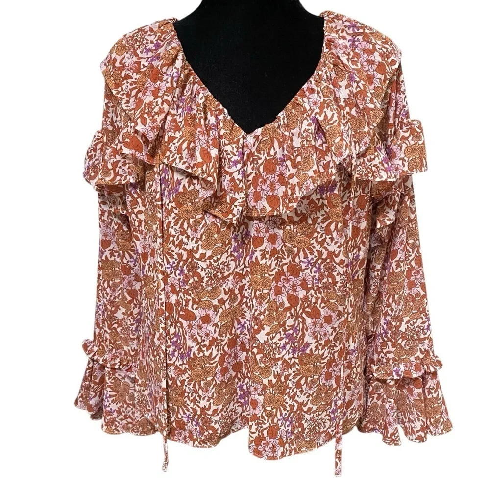 J.Crew Floral Ruffle Chiffon Peasant Blouse Boho Fairy Bell Sleeve XS